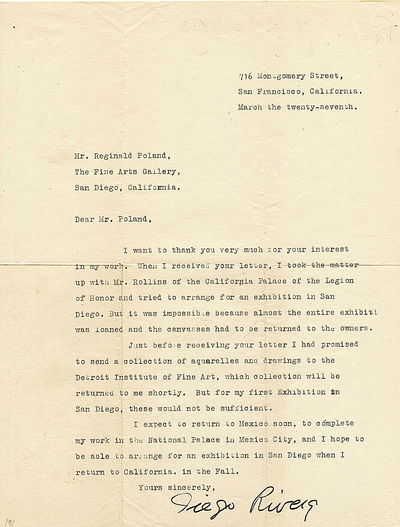 Rivera Typed Letter SIGNED about painting murals and exhibitions