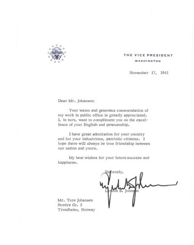 Brev signert Lyndon B. Johnson. Datert 17.…