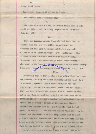 Legal Transcript From A 1920 Tennessee Divorce Case