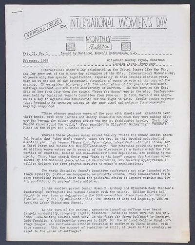 Monthly Bulletin. Special issue on International Women's Day. Vol. 2 no. 1 (February, 1948)