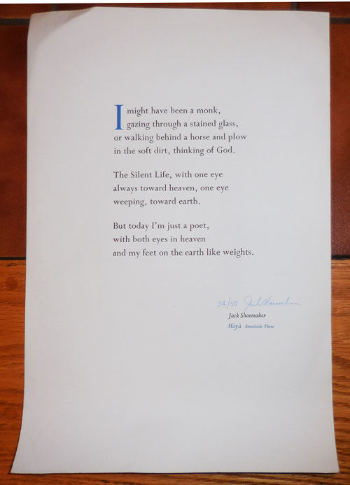 Untitled Broadside Signed I Might Have Been A Monk By Jack Shoemaker Signed First Edition No Date From Derringer Books Sku