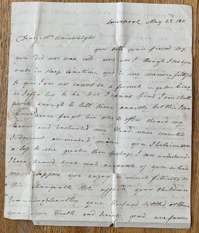 Autograph Letter Signed, Liverpool, England, May 22, 1811 to Mrs. Peter Wainwright, Cambridge, Massachusetts