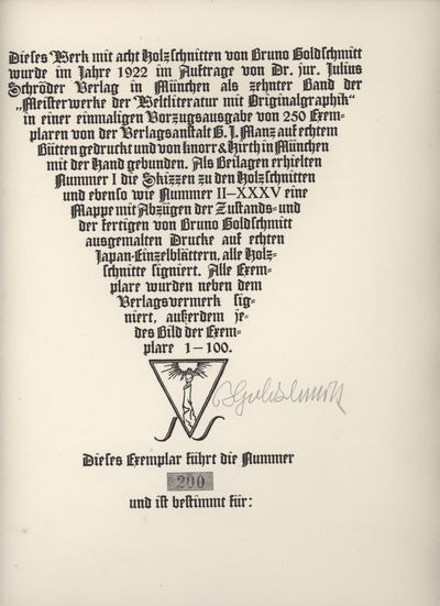 Die Schriften Salomos. Dieses Werk mit 8 Holzschnitten von Bruno Goldschmitt wurde im Jahre 1922.als 10. Bd der Meisterwerke der Weltliteratur mit Originalgraphik in einer einmaligen Vorzugsausgabe von 250 Exemplaren von der Verlagsanstalt Manz auf echtem Bütten gedruckt u. v. Knorr & Hirth in München mit der Hand gebunden (photo 2)