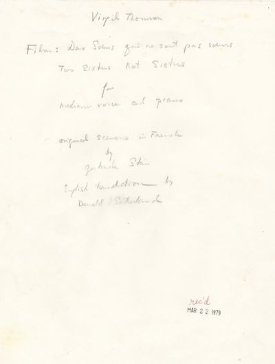 Autograph note relative to an unproduced film scored by Thomson in 1930 and text by Gertrude Stein