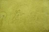 Pencil sketch: Depicting a soldier rushing into the arms of a seated woman