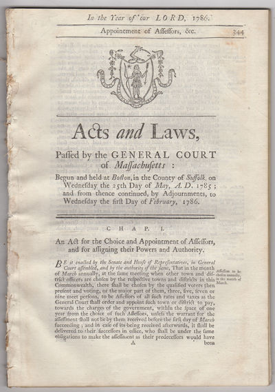 Boston: Printed by Adams and Nourse, 1786. First edition. Disbound. Removed from a large volume, tri...