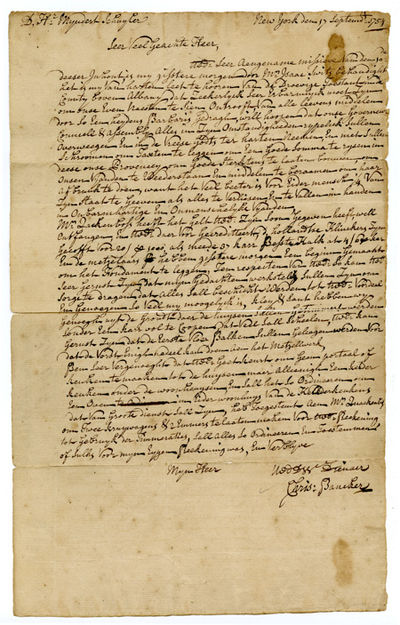 [AUTOGRAPH LETTER, SIGNED, FROM CHRISTOPHER BANCKER TO MYNDERT SCHUYLER, MEMBERS OF TWO IMPORTANT NEW YORK COLONIAL FAMILIES].