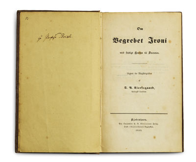 Om Begrebet Ironi med stadigt hensyn til Socrates. Af S. A. Kierkegaard. - [PRESENTATION-COPY TO HIS PREVIOUS GREEK TEACHER BOJESEN] (photo 1)