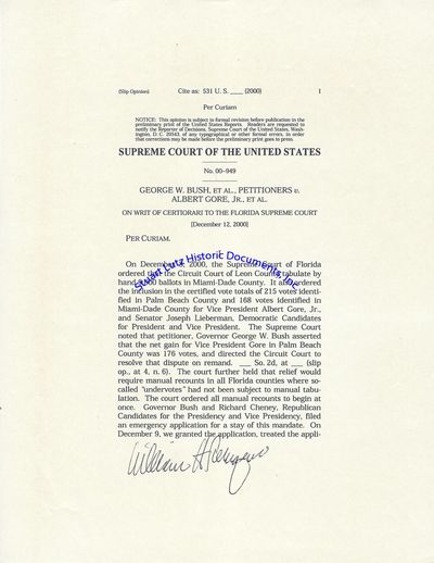 Chief Justice William Rehnquist Signs A Copy Of The Bush V. Gore Decision That Decided The 2000 Presidential Election