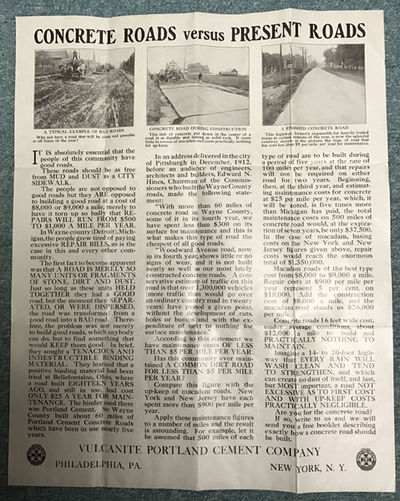 CONCRETE ROADS VERSUS PRESENT ROADS. BROADSIDE by VULCANITE PORTLAND