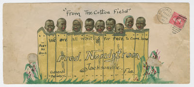 Swedish immigrant uses racist “Pickaninny” imagery on a hand-painted envelope