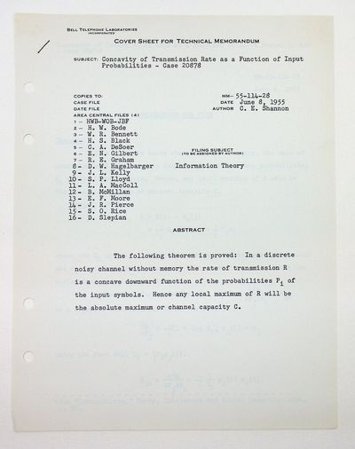 : Bell Telephone Laboratories, Incorporated, 1955. Wraps. Very Good. , 2 leaves. 10 7/8 x 8 3/8 inch...