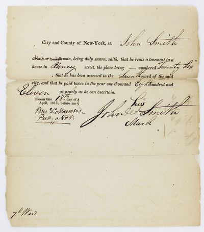 [Document, Signed, Indicating Taxes Paid by a Free Black Man in the Seventh Ward of New York City in the Early-19th Century]