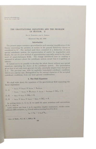 The gravitational Equations and the Problem of Motion. (Part I). (Received June 16, 1937). (+) II. (Received May 29, 1939). 2 Papers (Paper II only Einstein and Infeld). (photo 4)