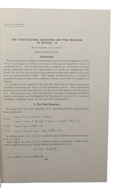The gravitational Equations and the Problem of Motion. (Part I). (Received June 16, 1937). (+) II. (Received May 29, 1939). 2 Papers (Paper II only Einstein and Infeld). (photo 5)