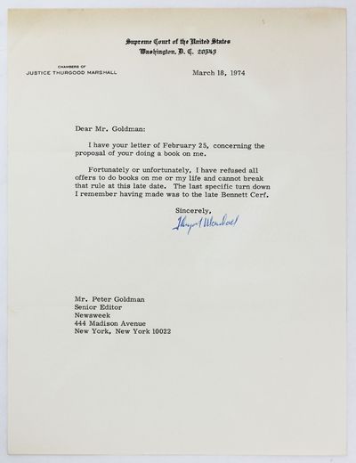 Washington DC: March 18, 1974. Very good plus.. p., on Marshall's Supreme Court letterhead, with Mar...