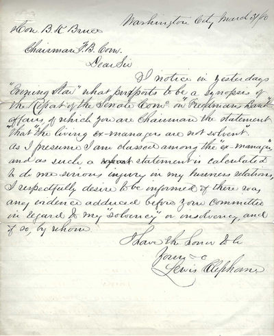 Autograph Letter Signed, Washington City, March 31, 1880, to Hon. B.[lanche] K. Bruce, United States Senator and Former Slave, Referencing the Freedman’s Bank