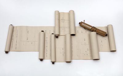 Five illustrated handscrolls on paper, entitled on the oldish wooden box “Kasō maki” 家相巻 [“House Physiognomy”]