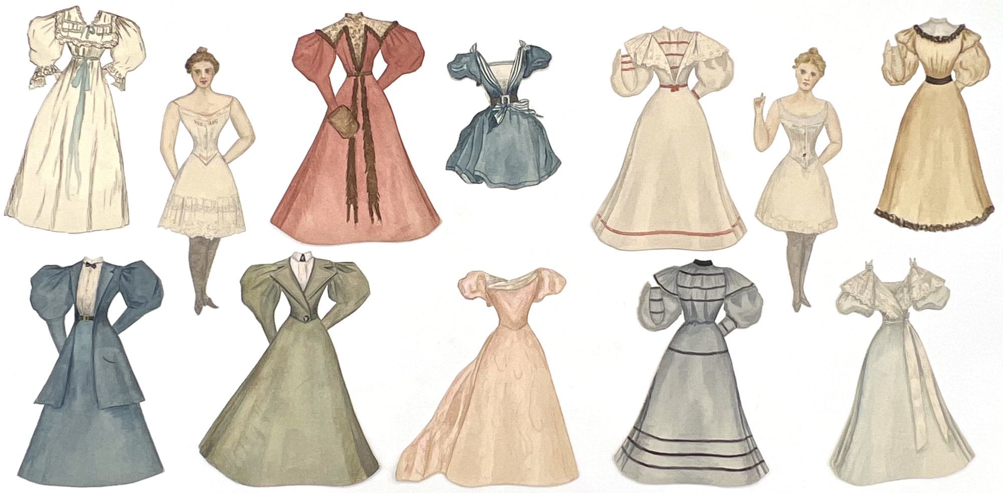Handmade 5.5" Paper Dolls -- 1890s Sisters with Te