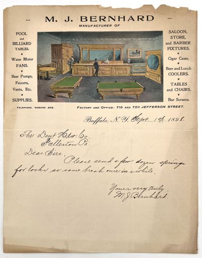 Attractive Late 1890s Color Illustrated Letterhead for Manufacturer of Saloon Furnishing, Pool and Billiard Tables