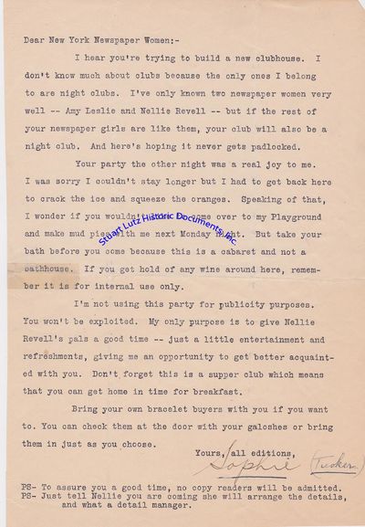 The Last Of The Red-Hot Mamas Sophie Tucker Invites New York Female Journalists To A Party: The Only Ones I Belong To Are Night Clubs