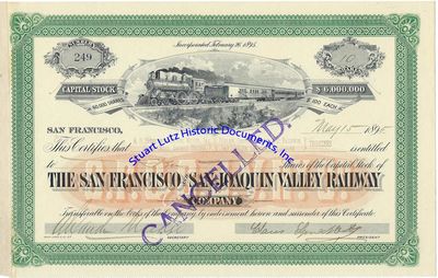 Claus Spreckels Signed Stock Certificate As Railway Company President