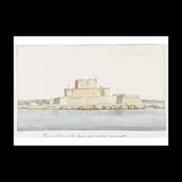 View of the Castle of San Mauro la Bruca from the sea on arrival, Photo Rag 308, Premium Quality, A4
