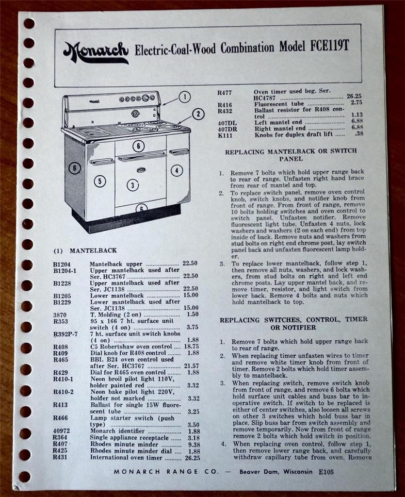 Monarch Electric-Coal-Wood Combination Model FCE119T Parts List