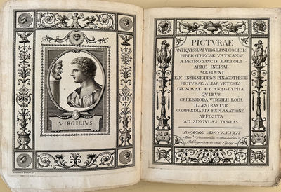 Pictura antiquissimi Virgiliani codicis bibliothecae Vaticanae. . .aere inciase accedunt ex insignioribus pinacothecis picturae aliae veteres gemmae et anglypha quibus celebrior Virgilii loca illustrantur compendaria explanatione aposita ad singulas tabulas