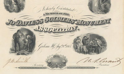 A Decorative Soldiers Monument Association Membership Certificate, with Vignettes of Lincoln, Flags, and Soldiers, Signed by U.S. Grant as Association President