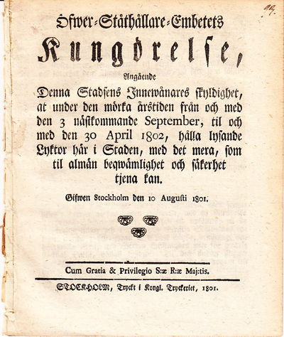 Öfwer-Ståthållare-Embetets Kungörelse, Angående…