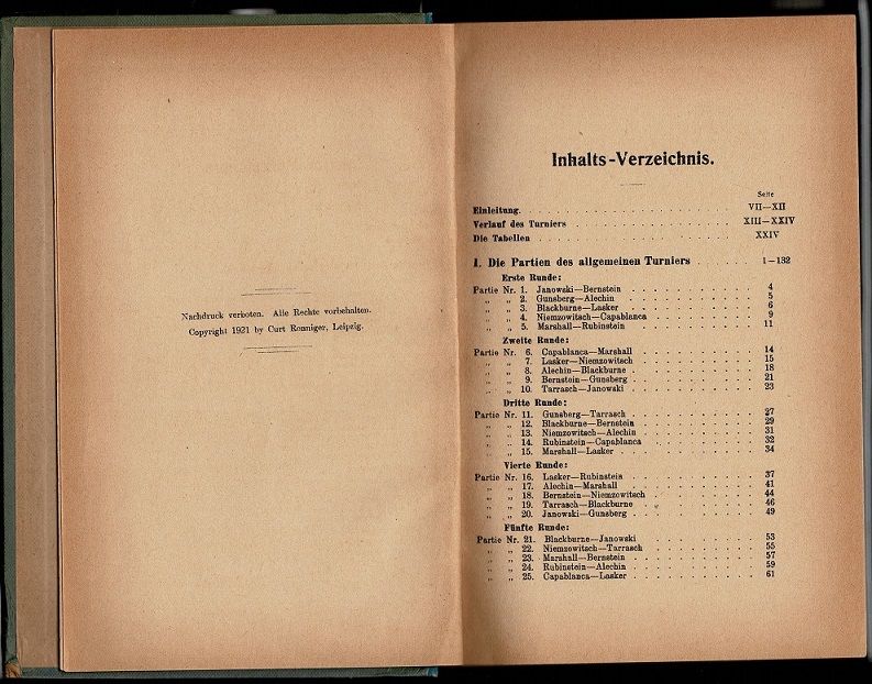 Das Grossmeisterturnier zu St Petersburg im Jahre 1914 Sammlung samtlicher  Partien mit ausfuhrlichen Ammerkungen Lm… by Siegbert Tarrasch (1862-1934)  - Second - 1921 - from The Book Collector ABAA, ILAB, TBA (SKU: C0433)