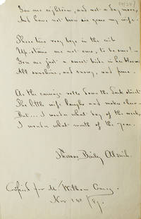 Manuscript from the Poem "An Untimely Thought", lines 11-20. Signed in full and stated "Copied for Mr William Cary/ Nov 14/89