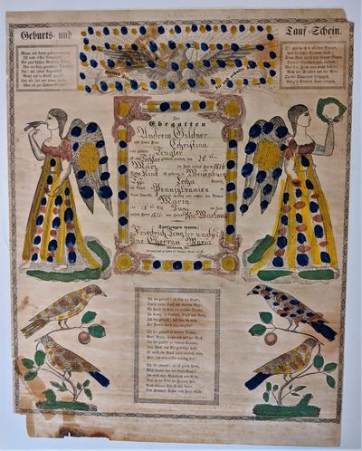 Certificate of Birth and Baptism [Geburts- und Tauf-Schein].  Den Ehegatten Andreas Gildner und seiner Frau Christina . .
