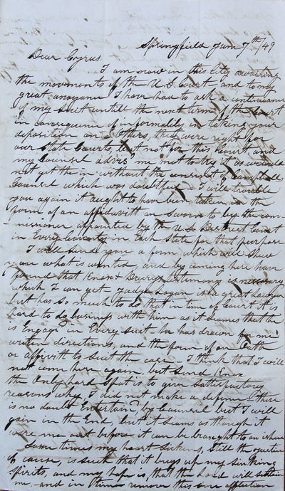 Autograph Letter Signed, Springfield, June 7, 1849, to his son, Rev. Cyrus Dickson, Wheeling, Virginia