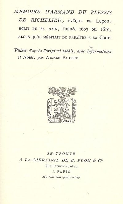 MEMOIRE D'ARMAND DU PLESSIS DE RICHELIEU