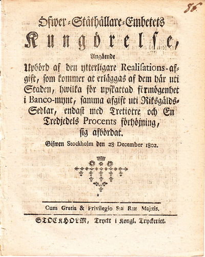 Öfwer-Ståthållare-Embetets Kungörelse, Angående…