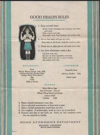 Kellogg Company Home Economics promotions: Health Score Card H.E.8; Food Selection Chart H.E.14; Good Health Rules H.E.7; 3-cards: Food-Calcium H.E.12, Food-Iron H.E.13, Your Inside Story; 5 Diet Series pamphlets: Be Your Own Best Exhibit,  Constipation H.E.1, Gaining Weight H.E.2, Reducing H.E.3, Food Iron H.E.4; original mailing envelope Nov. 20 1931 by Home Economics Dept [Mary Isabel Barber]