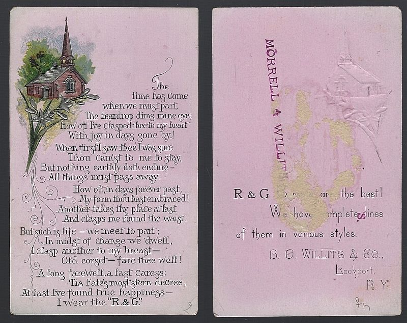 VICTORIAN TRADE CARD FOR R & G CORSETS WITH CHURCH AND POEM