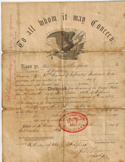 United States Army, 1863. One sheet of paper backed with an attached second sheet, two horizontal fo...