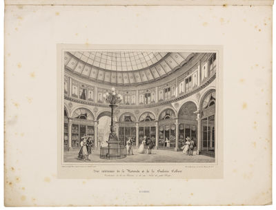 Galerie et Rotonde Colbert conduisant de la rue Vivienne au Palais-Royal. Plan du rez-de-chaussée, vue perspective de la galerie et de la rotonde, d’après les plans et dessins de J. Billaud, architecte de la Galerie, terminée en 1827