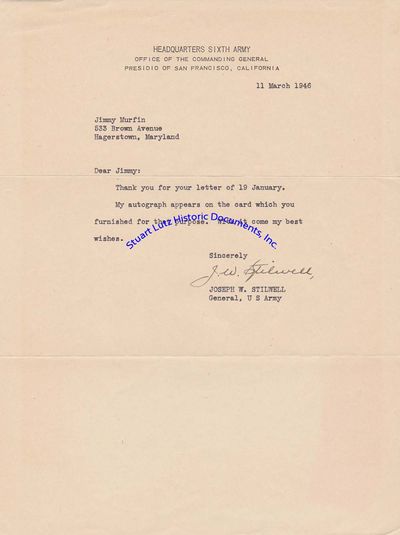 Letter Signed By General Joseph Stillwell, Blamed By Many For The Fall Of China