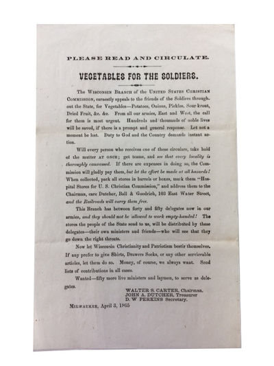 Milwaukee, 1865. Paperback. Very Good. Broadside. 13.5 x 21.5cm. Two horizontal creases. At head of ...