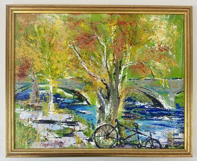 ORIGINAL "BRIDGE AND TANDEM BICYCLE SCENE" ACRYLIC ON CANVAS [Signed]