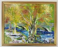 TISHA WOOD “BRIDGE & TANDEM BICYCLE SCENE” ACRYLIC ON CANVAS (signed)