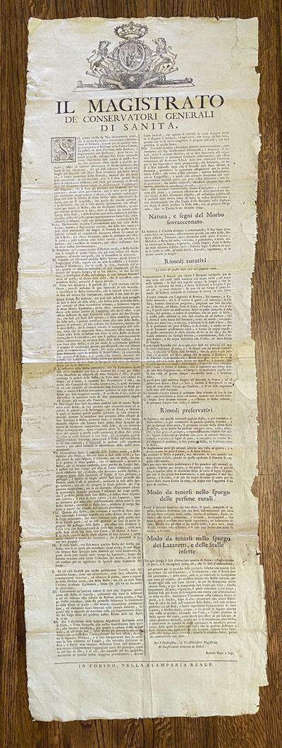 [VETERINARY BROADSIDE WARNING OF CATTLE PLAGUE]. Il Magistrato de' Conservatori Generali di Sanità. Sul primo aviso da Noi ultimamente avuto, che il morbo Epidemico denominato infiammazione di Polmone