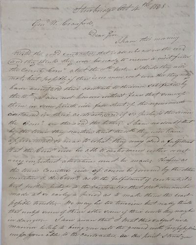 DIFFICULTIES ATTENDANT to building a road between Sturbridge and Southbridge, described in a two page autograph letter, signed, and addressed to Gen. William Crawford in Oakham