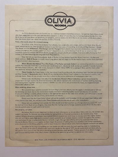 [WOMEN / LGBTQ / MUSIC]. "Dear Friend" - Communication from Olivia Records, the Lesbian-Feminist Record Label Collective