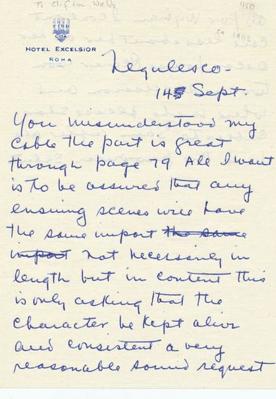 Autograph Letter SIGNED, 2pp on one 8vo sheet of "Hotel Excelsior" stationery, Rome, Sept. 14, n.y.