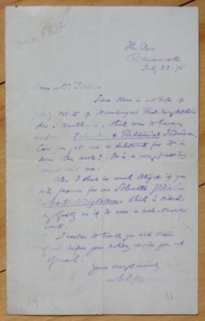 Autograph Letter Signed ("M E Lewes") to publisher [Nicholas] Trübner, asking for Jewish source books for writing DANIEL DERONDA